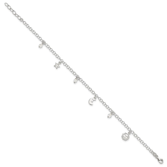 Sterling Silver Sun/Moon/Star/Crystal 10 inch Plus 1 inch Extender - Total 11 inch Anklet