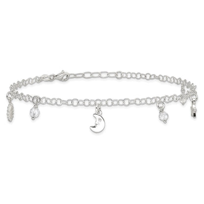 Sterling Silver Sun/Moon/Star/Crystal 9 inch Plus 1 inch Extender - Total 10 inch Anklet