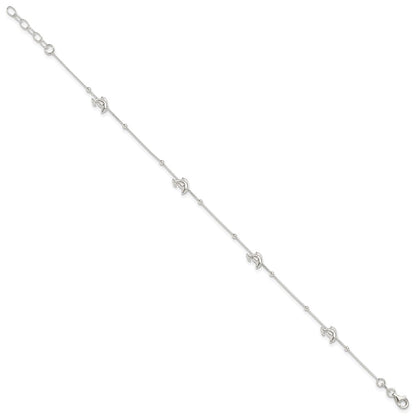 Sterling Silver Dolphins and Beads 4-Station 9 inch Plus 1 inch Extender - Total 10 inch Anklet