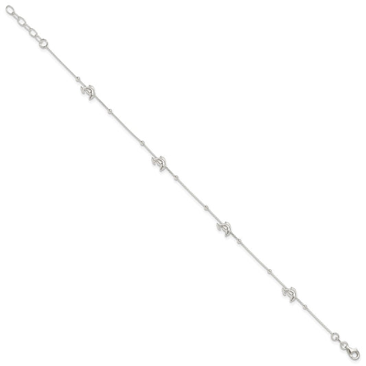 Sterling Silver Dolphins and Beads 4-Station 9 inch Plus 1 inch Extender - Total 10 inch Anklet