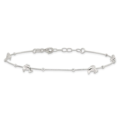 Sterling Silver Dolphins and Beads 4-Station 9 inch Plus 1 inch Extender - Total 10 inch Anklet