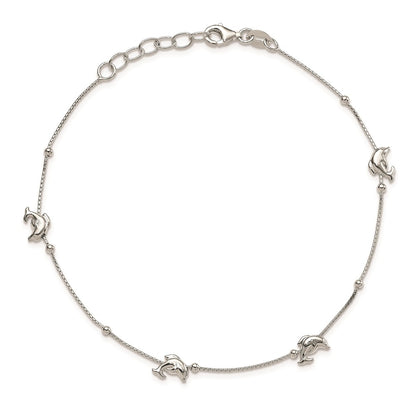 Sterling Silver Dolphins and Beads 4-Station 9 inch Plus 1 inch Extender - Total 10 inch Anklet