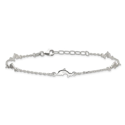 Sterling Silver Dolphin 5-Station 9 inch Plus 1 inch Extender - Total 10 inch Anklet