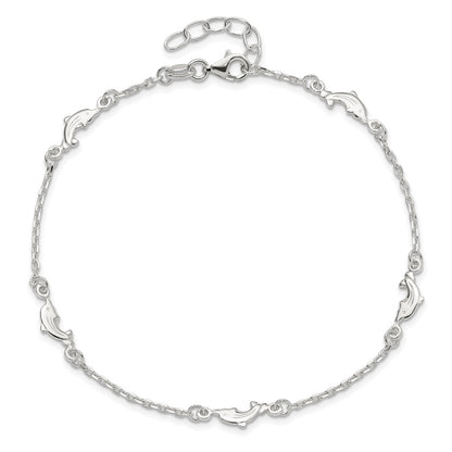 Sterling Silver Dolphin 5-Station 9 inch Plus 1 inch Extender - Total 10 inch Anklet