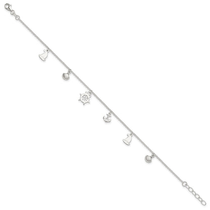 Sterling Silver Ocean Theme Charms 10 inch Plus 1 inch Extender - Total 11 inch Anklet