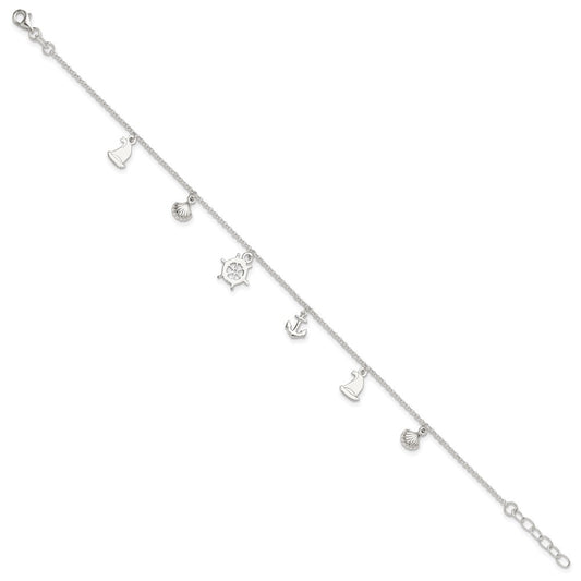 Sterling Silver Ocean Theme Charms 9 inch Plus 1 inch Extender - Total 10 inch Anklet