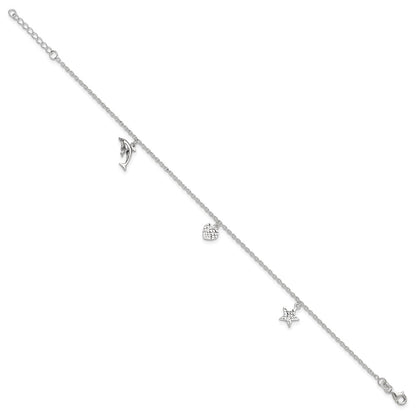 Sterling Silver Heart/Star/Dolphin Charms 9 inch Plus 1 inch Extender - Total 10 inch Anklet