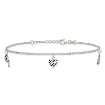 Sterling Silver Heart/Star/Dolphin Charms 9 inch Plus 1 inch Extender - Total 10 inch Anklet