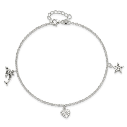 Sterling Silver Heart/Star/Dolphin Charms 9 inch Plus 1 inch Extender - Total 10 inch Anklet