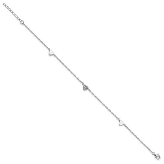 Sterling Silver Rhodium-plated CZ Heart 9 inch Plus 1 inch Extender - Total 10 inch Anklet