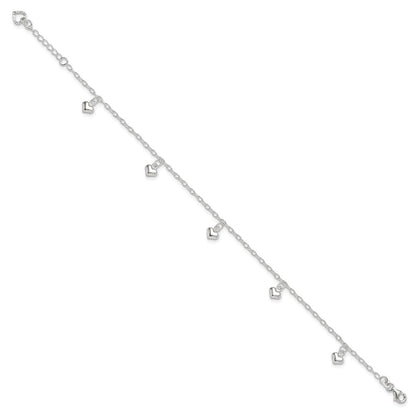 Sterling Silver Puffed Heart Charms 10 inch Plus 1 inch Extender - Total 11 inch Anklet