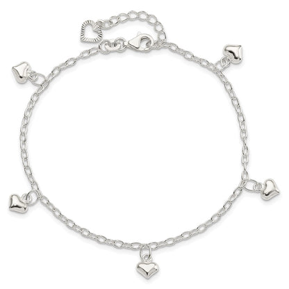 Sterling Silver Puffed Heart Charms 10 inch Plus 1 inch Extender - Total 11 inch Anklet