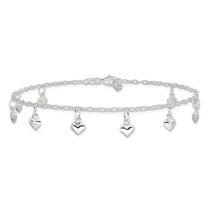 Sterling Silver Polished Puffed Heart 9in Anklet