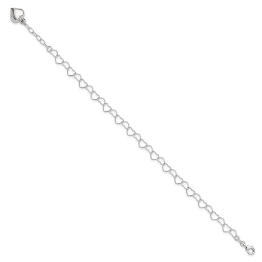 Sterling Silver Puffed Heart Dangle 9 inch Plus 1 inch Extender - Total 10 inch Anklet