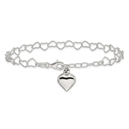 Sterling Silver Puffed Heart Dangle 10 inch Plus 1 inch Extender - Total 11 inch Anklet