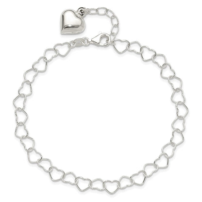 Sterling Silver Puffed Heart Dangle 9 inch Plus 1 inch Extender - Total 10 inch Anklet