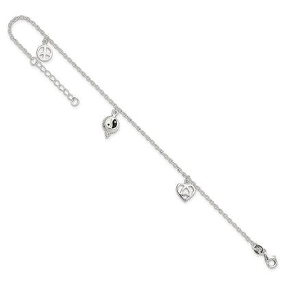 Sterling Silver Heart/YinYang/Peace Sign 8 inch Plus 1 inch Extender - Total 9 inch Anklet