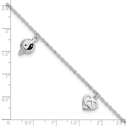 Sterling Silver Heart/YinYang/Peace Sign 8 inch Plus 1 inch Extender - Total 9 inch Anklet