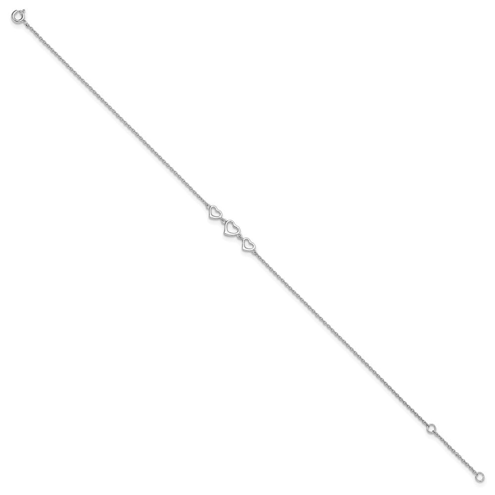 Sterling Silver Rhodium-plated Three Hearts 10 inch Plus 1 inch Extender - Total 11 inch Anklet