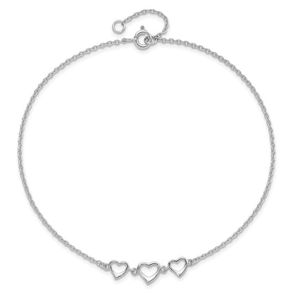Sterling Silver Rhodium-plated Three Hearts 10 inch Plus 1 inch Extender - Total 11 inch Anklet
