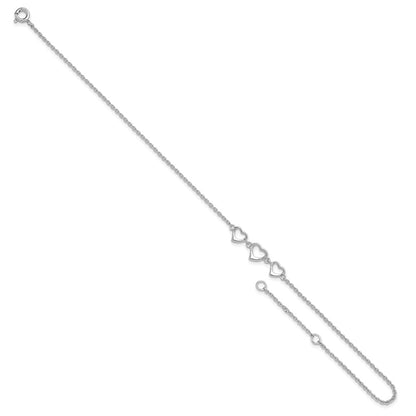 Sterling Silver Rhodium-plated Three Hearts 10 inch Plus 1 inch Extender - Total 11 inch Anklet