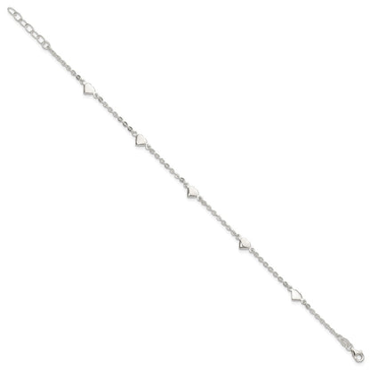 Sterling Silver Hearts 5-Station 9 inch Plus 1 inch Extender - Total 10 inch Anklet