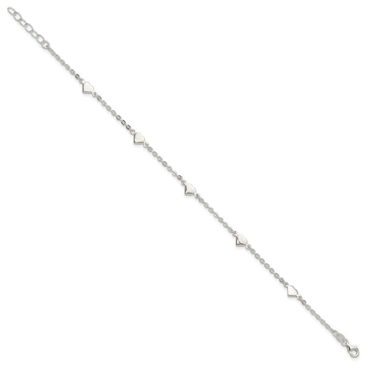 Sterling Silver Hearts 5-Station 9 inch Plus 1 inch Extender - Total 10 inch Anklet