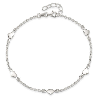 Sterling Silver Hearts 5-Station 9 inch Plus 1 inch Extender - Total 10 inch Anklet