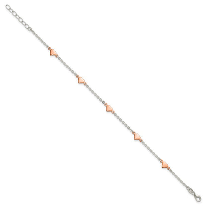 Sterling Silver Rose-tone Hearts 5-Station 9 inch Plus 1 inch Extender Anklet - Total 10 inch Anklet