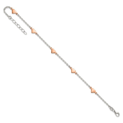 Sterling Silver Rose-tone Hearts 5-Station 9 inch Plus 1 inch Extender Anklet - Total 10 inch Anklet