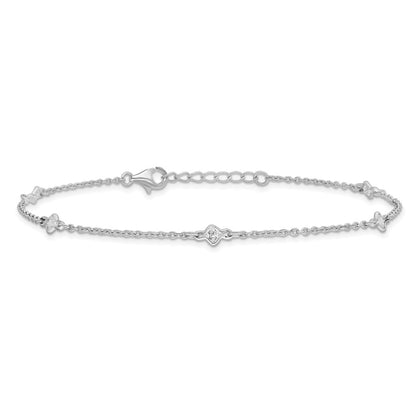 Sterling Silver Rhodium-plated Bezel CZ 5-Station 9 inch Plus 1 inch Extender - Total 10 inch Anklet