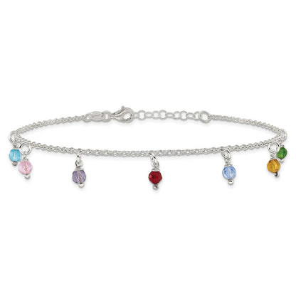 Sterling Silver Multi-colored Beads 10 inch Plus 1 inch Extender - Total 11 inch Anklet