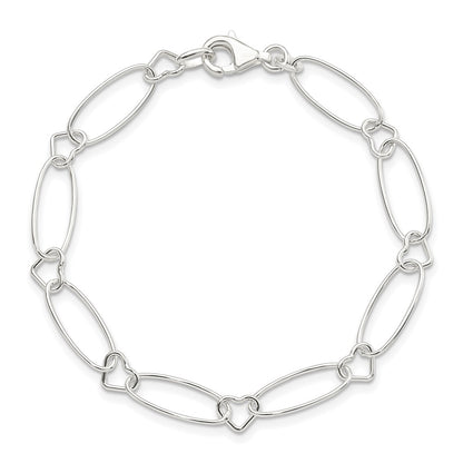 Sterling Silver Oval Link w/Hearts Bracelet