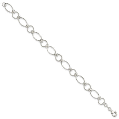 Sterling Silver Polished Textured Fancy Circle and Oval Link Bracelet
