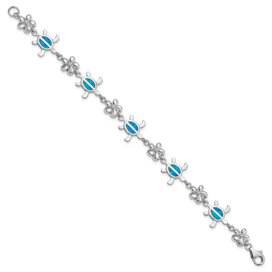 Sterling Silver Rhodium-plated Polished 7 inch Created Blue Opal Tortoise with Flower Bracelet