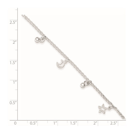 Sterling Silver Star and Moon 9 inch Plus 1 inch Extender - Total 10 inch Anklet