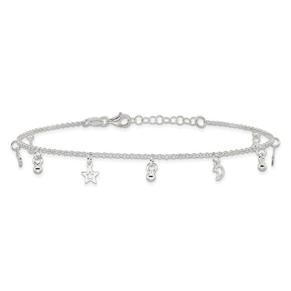 Sterling Silver Star and Moon 9 inch Plus 1 inch Extender - Total 10 inch Anklet