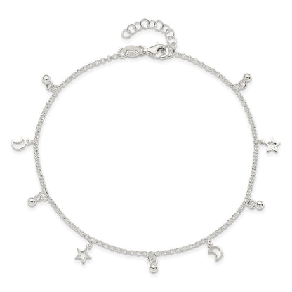 Sterling Silver Star and Moon 9 inch Plus 1 inch Extender - Total 10 inch Anklet
