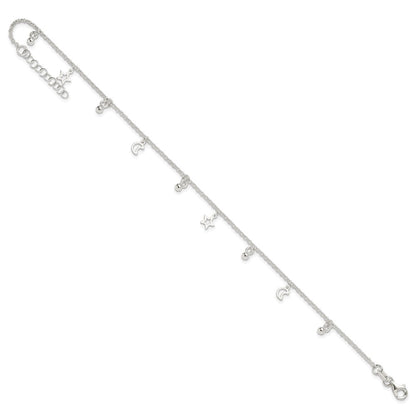 Sterling Silver Star and Moon 9 inch Plus 1 inch Extender - Total 10 inch Anklet