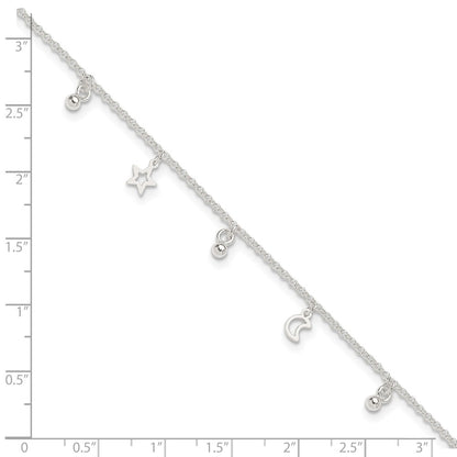 Sterling Silver Star and Moon 9 inch Plus 1 inch Extender - Total 10 inch Anklet