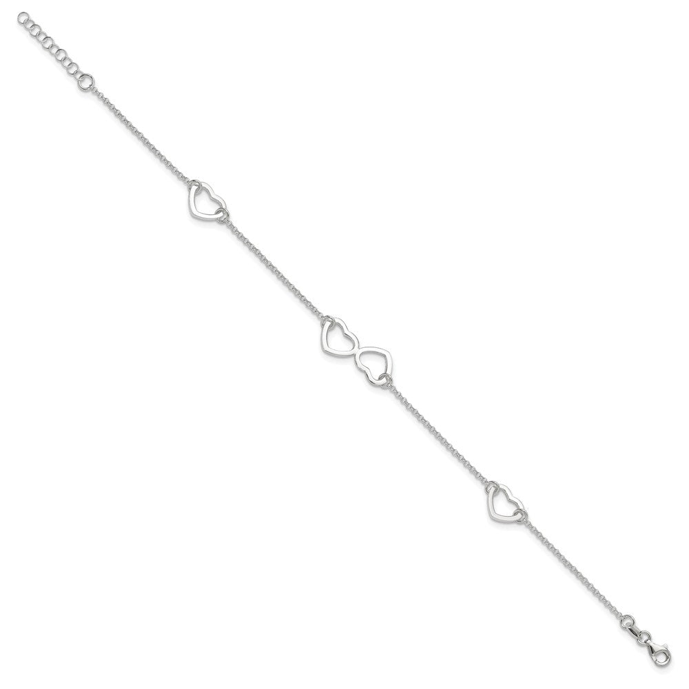 Sterling Silver Hearts 9 inch Plus 1 inch Extender - Total 10 inch Anklet