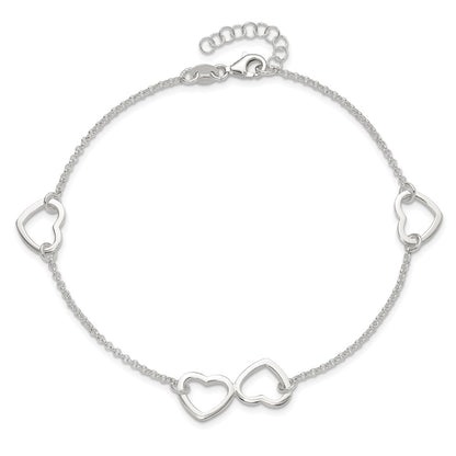 Sterling Silver Hearts 9 inch Plus 1 inch Extender - Total 10 inch Anklet