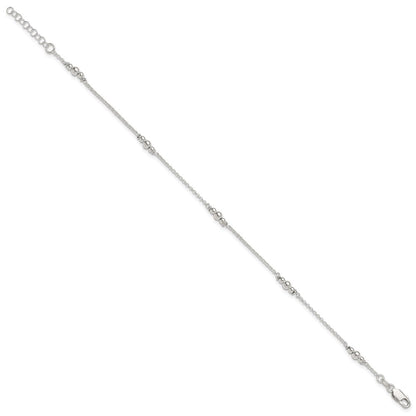 Sterling Silver Beaded 5-Station 9 inch Plus 1 inch Extender - Total 10 inch Anklet