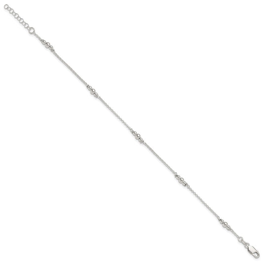 Sterling Silver Beaded 5-Station 10 inch Plus 1 inch Extender - Total 11 inch Anklet