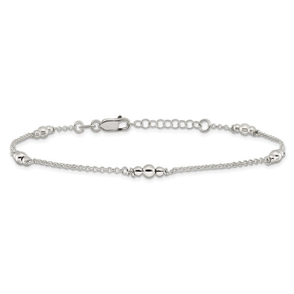 Sterling Silver Beaded 5-Station 9 inch Plus 1 inch Extender - Total 10 inch Anklet