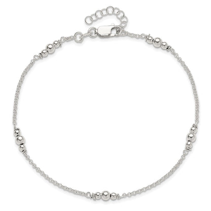 Sterling Silver Beaded 5-Station 9 inch Plus 1 inch Extender - Total 10 inch Anklet