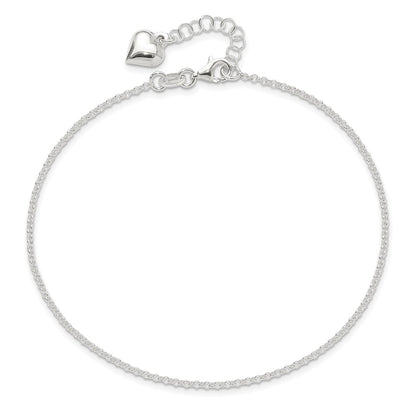 Sterling Silver Puffed Heart Dangle 9 inch Plus 1 inch Extender - Total 10 inch Anklet