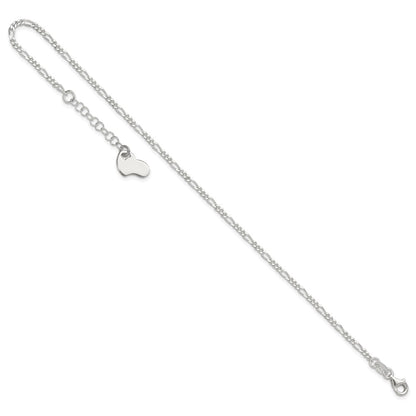 Sterling Silver Figaro with Heart Dangle 9 inch Plus 1 inch Extender - Total 10 inch Anklet