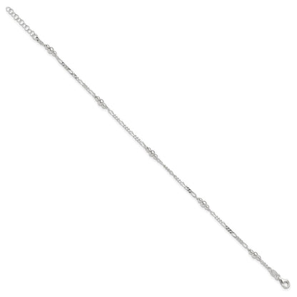 Sterling Silver Beaded Figaro 5-Station 9 inch Plus 1 inch Extender - Total 10 inch Anklet