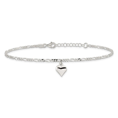 Sterling Silver Figaro Chain with Heart Charm 9 inch Plus 1 inch Extender - Total 10 inch Anklet